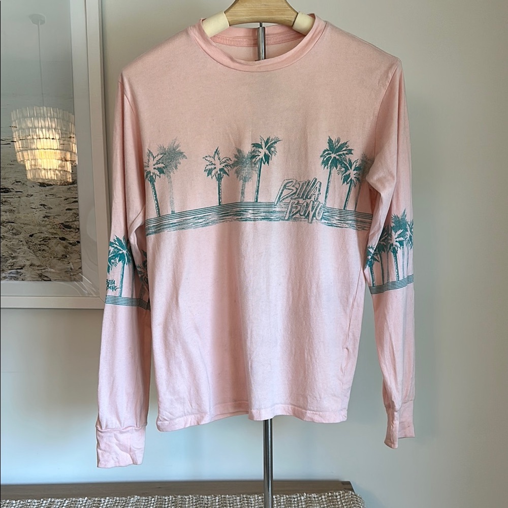 Billabong Pink and Green Long Sleeve Tee with Palm Tree Design